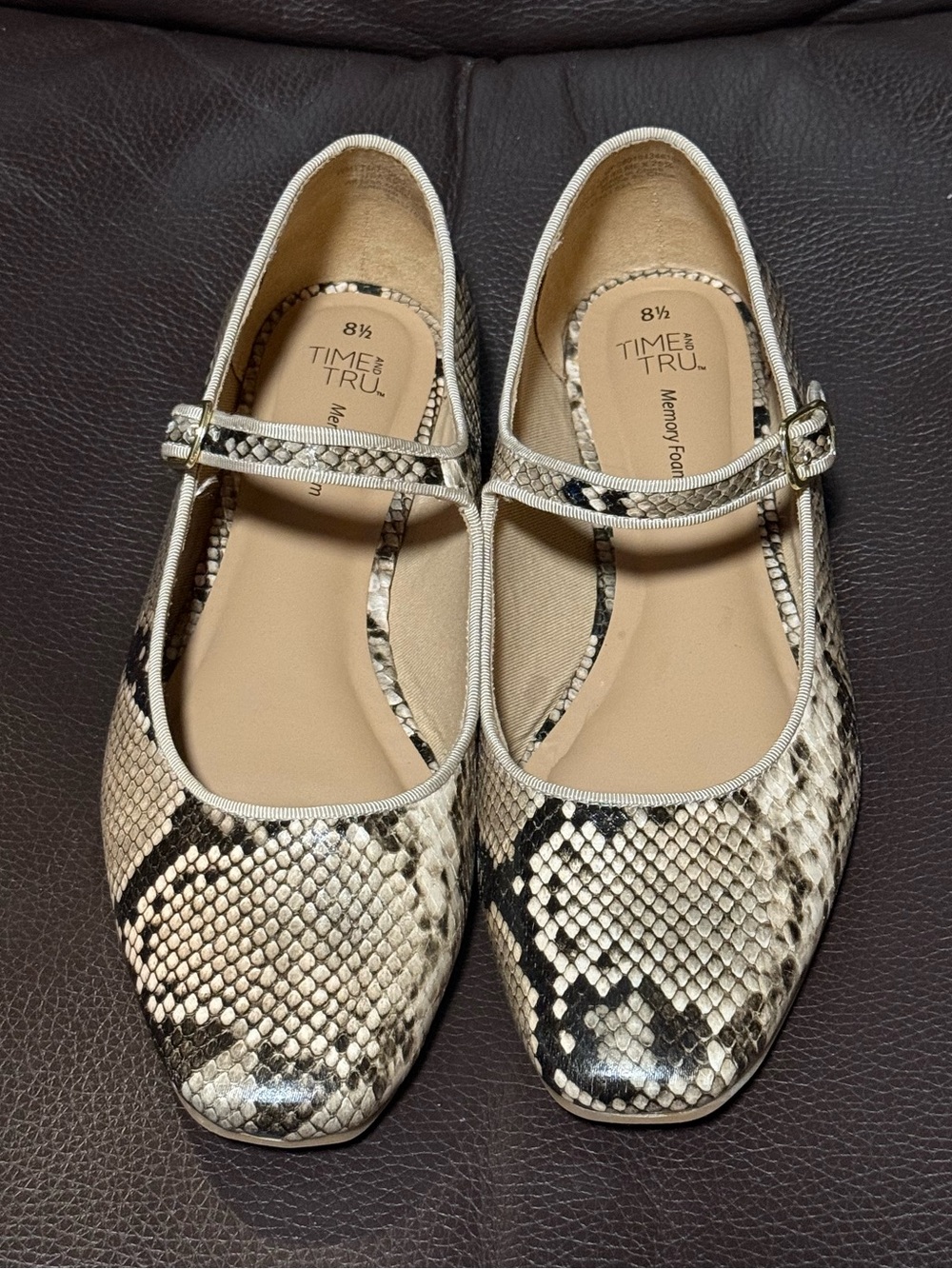 Snake-Print Mary Jane Flats in Beige and Brown - Picture 3 of 5